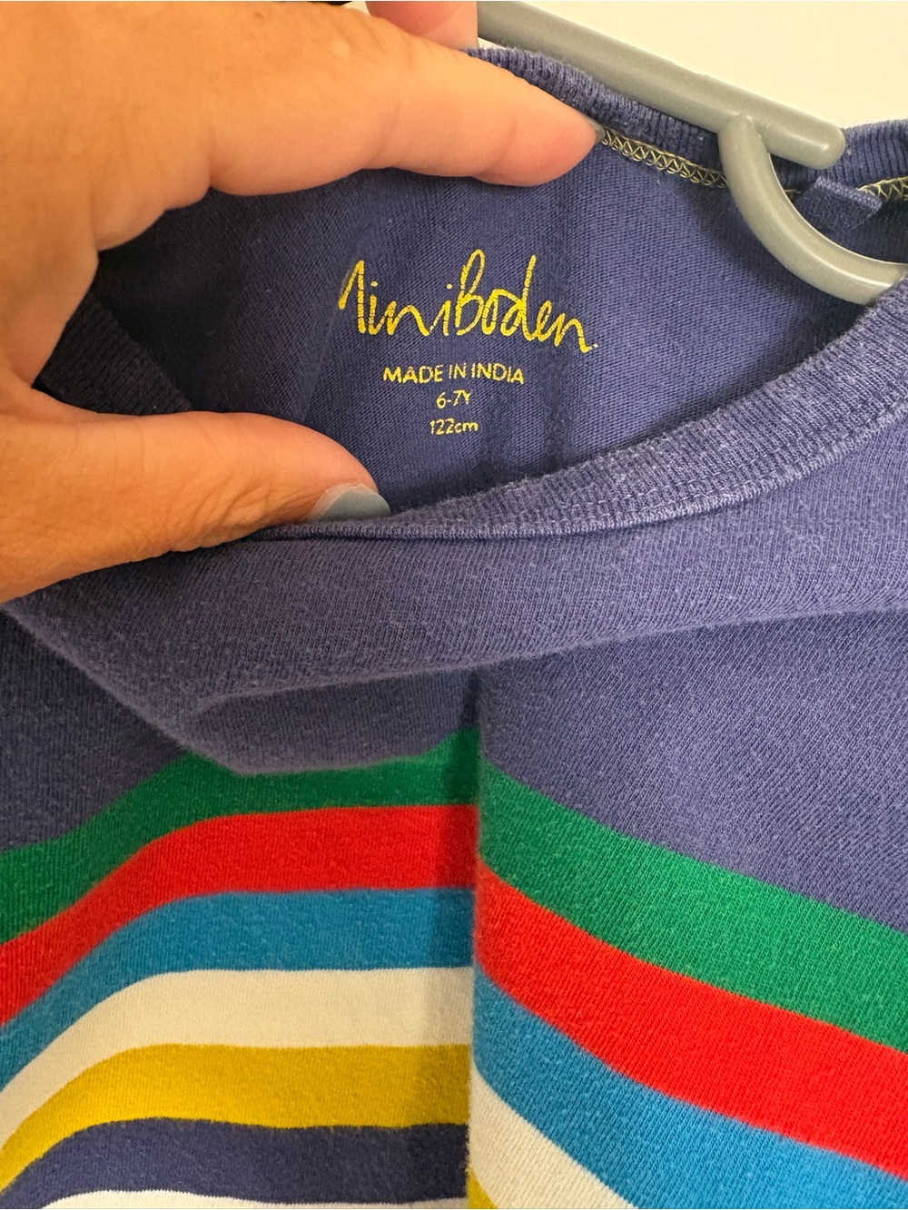 Mini Boden boys Navy Stripe Tee with Multicolor Chest Stripes - Picture 2 of 3